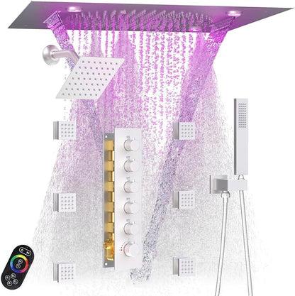 Enga Luxury Dual Shower Head System with Body Jets LED Thermostatic Shower System with 6 inch Wall Shower, 20-Inch 3 Function Shower Head (Rainfall & Mist & Waterfall), Brushed Nickel