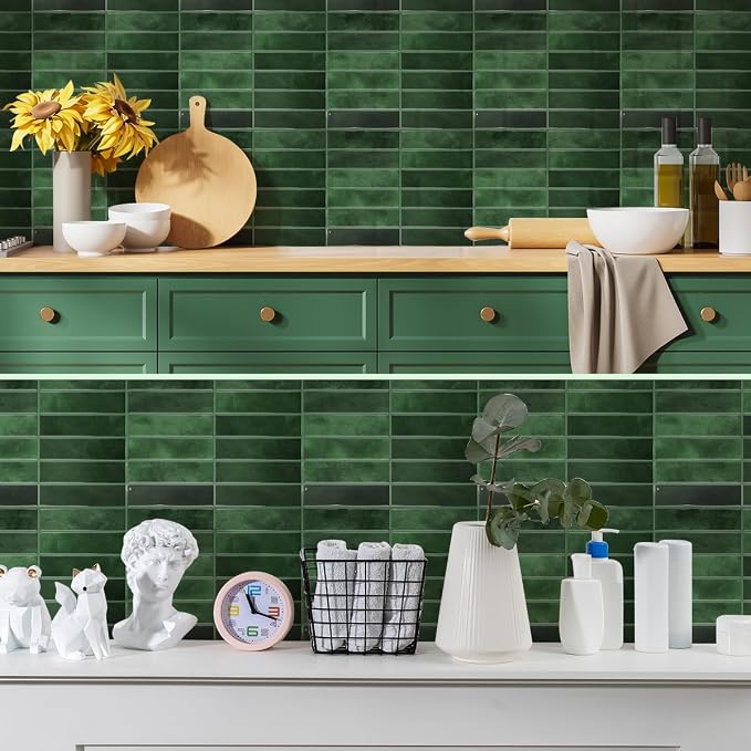 Peel and Stick Backsplash 3D Wall Tiles,Self-Adhesive,Oil Proof,Waterproof, Removable Wall Panels for Kitchen & Bathroom,Modern Design, Easy Install (10.7ft，12x9 inch,14 Pack) (Green)