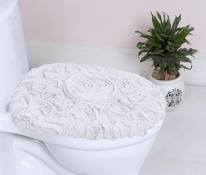 Home Weavers Bell Flower Toilet Lid Cover – 18"x18", 100% Cotton Tufted, Soft & Absorbent, Non-Slip, Machine Washable Bathroom Seat Cover, White