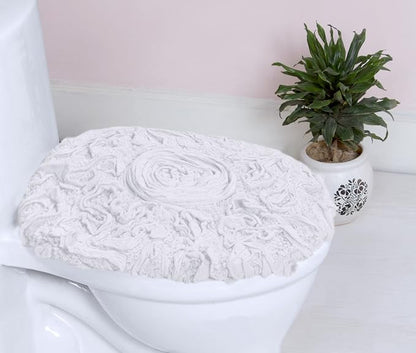 Home Weavers Bell Flower Toilet Lid Cover – 18"x18", 100% Cotton Tufted, Soft & Absorbent, Non-Slip, Machine Washable Bathroom Seat Cover, White