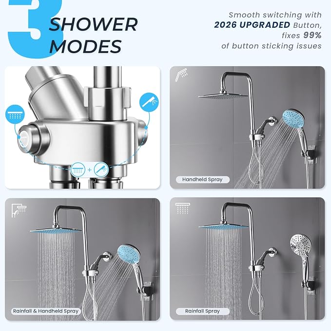 Dual Shower Head Combo, 8'' High Pressure Rain Shower Head with Handheld Spray, 6+1 Spray Settings Handheld Showerhead, Height Adjustable, One-touch Pause Button, Chrome Polished