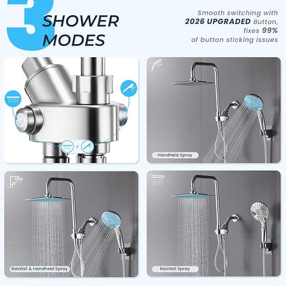 Dual Shower Head Combo, 8'' High Pressure Rain Shower Head with Handheld Spray, 6+1 Spray Settings Handheld Showerhead, Height Adjustable, One-touch Pause Button, Chrome Polished