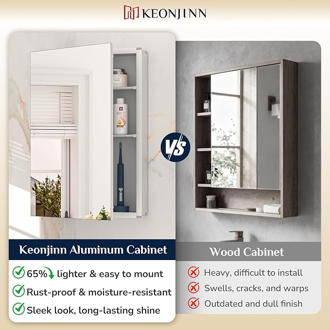 Keonjinn 36 x 24 Inch Bathroom Mirrored Medicine Cabinet, HD Tempered Glass | Lightweight Aluminum Structure, Freely Adjustable Shelves, Combined Assembly Needed, Wall Mount/Recessed Mirror with Storage