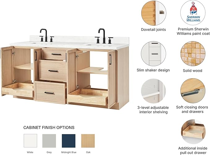 ARIEL Kelly 72-inch Bathroom Vanity with Sink,Solid Wood, 1.5-inch Carrara White Quartz Countertop, Double Rectangular Porcelain Sink, 4 Soft Closing Doors, 5 Dovetail Drawers, White Oak
