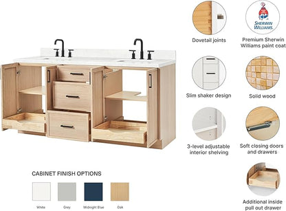 ARIEL Kelly 72-inch Bathroom Vanity with Sink,Solid Wood, 1.5-inch Carrara White Quartz Countertop, Double Rectangular Porcelain Sink, 4 Soft Closing Doors, 5 Dovetail Drawers, White Oak