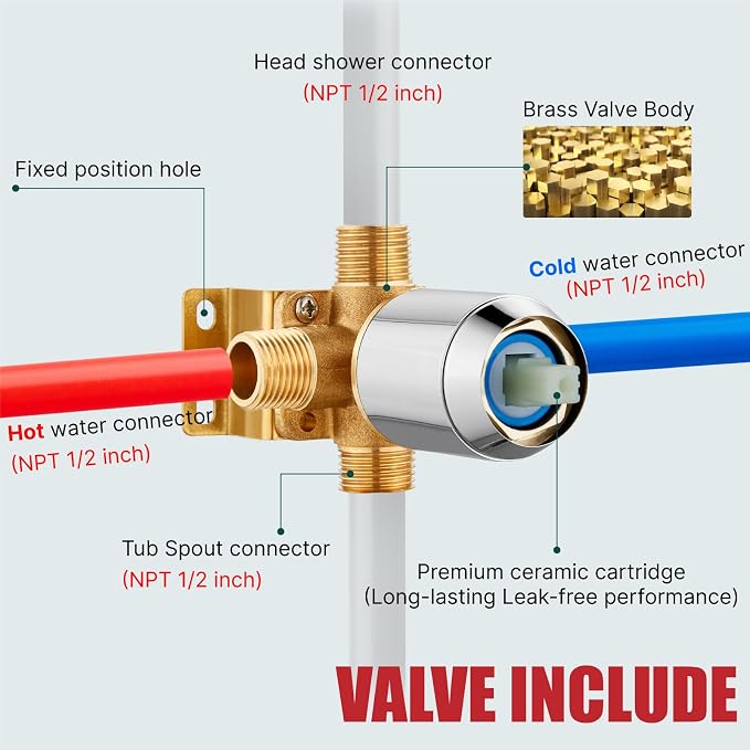 Heyalan 8-Inch Shower Faucet Set with Tub Spout and Valve, Polished Chrome | 8-inch square rainfall head, tub spout with diverter, male-thread rough-in valve, single-handle control and wall-mount design