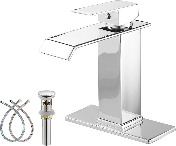 Bathroom Faucet Chrome Waterfall with Pop Up Drain for Sink 1 Hole | Bathroom Sink Faucet Bath Lavatory Vanity Stopper Overflow and Supply Hose Single Handle Square Modern Commercial