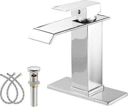 Bathroom Faucet Chrome Waterfall with Pop Up Drain for Sink 1 Hole | Bathroom Sink Faucet Bath Lavatory Vanity Stopper Overflow and Supply Hose Single Handle Square Modern Commercial