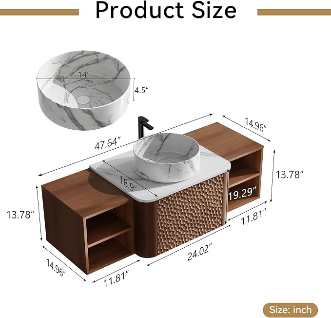 48 Inch Modern Bathroom Vanity with Ceramic Sink, Floating Bathroom Sink Cabinet with Sintered Stone Top&Solid Wood Hammered Frame, Single Bathroom Vanities w/Soft-Close Drawer&2 Side Open Cube