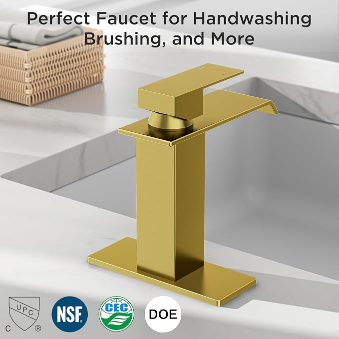 FORIOUS Bathroom Faucet 1 Hole Single Handle Vanity Faucets Brushed Gold | Sqaure Waterfall Spout, 1 or 3 Hole 4 Inch Centerset Sink with Drain and Hoses, for Vanity Rv Commercial Lavatory Restroom