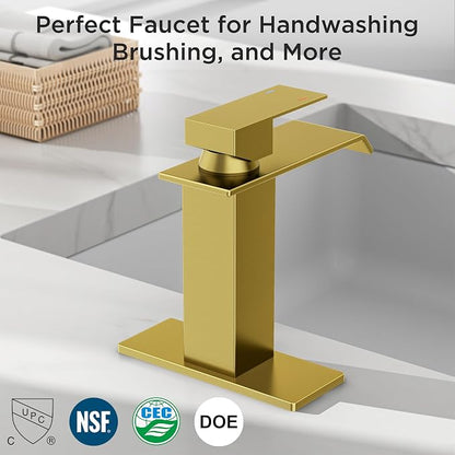 FORIOUS Bathroom Faucet 1 Hole Single Handle Vanity Faucets Brushed Gold | Sqaure Waterfall Spout, 1 or 3 Hole 4 Inch Centerset Sink with Drain and Hoses, for Vanity Rv Commercial Lavatory Restroom