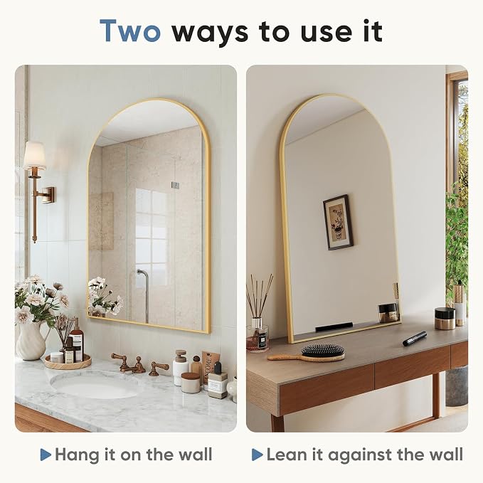 NEWBULIG 26"X38" Arched Bathroom Mirror for Over Sink, Wall Vanity Mirror | Tempered Glass, Anti-Rust Arched Metal Framed, Hanging or Leaning, Farmhouse Home Decor, Gold