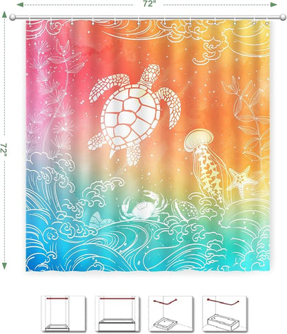 Beach Ocean Shower Curtain, Sea Turtle Drift bottle Summer Shower Curtain | Beach Shower Curtain for Bathroom Waterproof Polyester Fabric Machine Washable Home Farmhouse Decor Bath Curtains 72x72