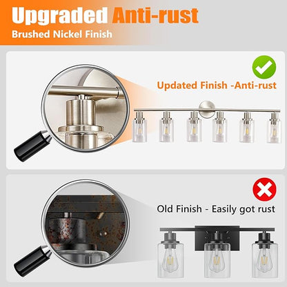 DLLT 6-Light Bathroom Light Fixtures: Nickel Modern Vanity Lights with E26 Bulbs - Clear Glass Shade Bathroom Wall Lamp for Mirror Kitchen Living Room Hallway Cabinet Porch