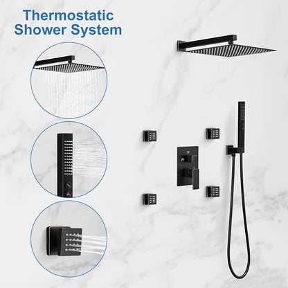 RUMOSE Rainfall Shower System with 4 Full Body Jet 4 Mode Shower Faucet Set | 12 Inch Rain Shower Head, 2 in 1 Handheld Spray, Oil Rubbed Bronze Brass Shower Jet Shower Fixtures, Wall Mounted