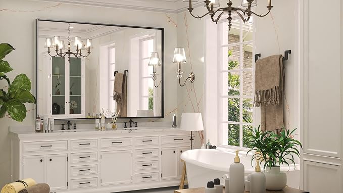 Keonjinn 48x36 Inch Black Bathroom Mirror for Over Sink, HD Tempered Glass | Rectangular, Vanity Mirror, Brushed Framed, Square Corner, Modern Farmhouse, Wall Mounted Mirrors, Aluminum Alloy