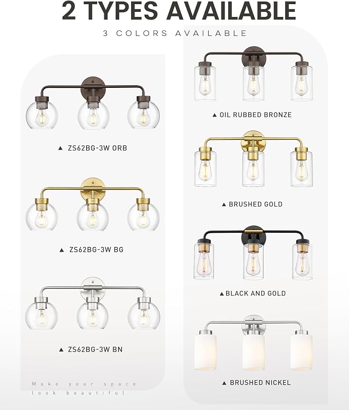 zeyu 3-Light Modern Vanity Light Fixture, 23 Inch Bathroom Light Fixtures Wall Mount with Clear Glass Globe Shade, Brushed Gold Finish, ZS62BG-3W BG