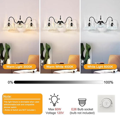 Vintage Bathroom Vanity Light Fixtures 3 Lights Matte Black Vanity Lights for Bathroom with Floral Crystal Glass Shades Wall Lighting Fixtures Over Mirror(Exclude E26 Bulb)