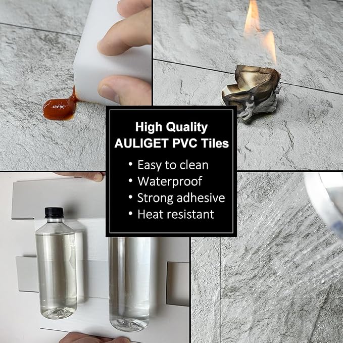 AULIGET 2-Piece Light Slate Peel and Stick Backsplash Wall Tiles, 6" x 12" PVC Faux Stone Stick on Tiles for Backsplash Kitchen, Bathroom, Laundry Room, Camper, Fireplace