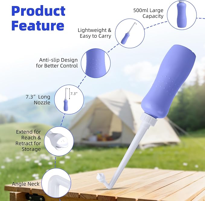 Hibbent Portable Bidet for Travel, Handheld Travel Bidet for Personal Hygiene Care, Personal Cleansing Use, Extended Nozzle, 17oz(500ml) Bathroom Toilet Spray, Purple