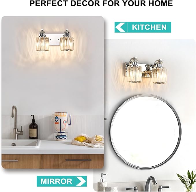 Chrome Bathroom Light Fixtures with K9 Crystal Lampshade Bathroom Lighting Over Mirror Vanity Lights for Living Room,Bedroom,Restroom,Hallway 2 Lights