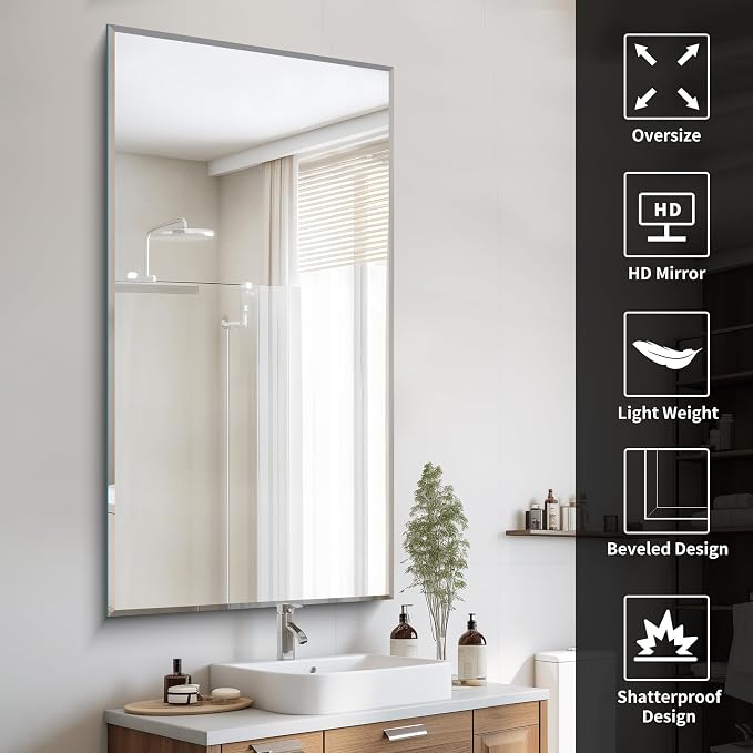 CILIBER Beveled Mirror, 30x60 Large Frameless Bathroom Mirrors for Wall, 3mm Tempered Glass Rectangle Vanity Mirror with Beveled Edge, Crystal-Clear, Hangs Horizontally or Vertically
