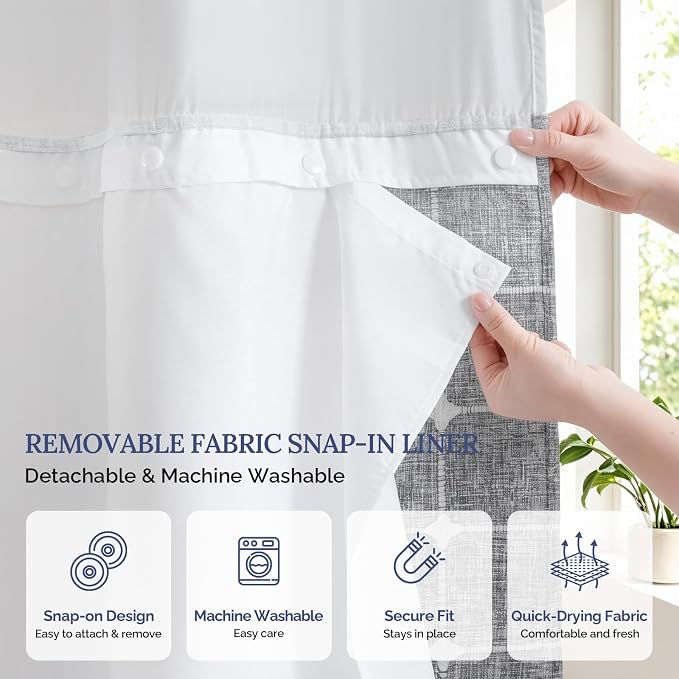 River Dream Farmhouse No Hooks Shower Curtain with Snap-in Liner,Blue,71x74 | Snap on Fabric Liner,Heavy Duty,Quick Dry,Mesh Top Window,With Bottom Magnets,Washable,with Tassels,Standard Size