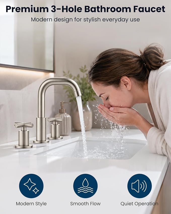 gotonovo Widespread 8 inch 3 Hole Bathroom Sink Faucet Brushed Nickel | 2 Cross Handle Bathroom Faucet,SUS304,360° Swivel Spout,24’’ cUPC Hose,Pop Up Drain,6-16’’ Vanity,Sink,Lavatory,Basin,RV