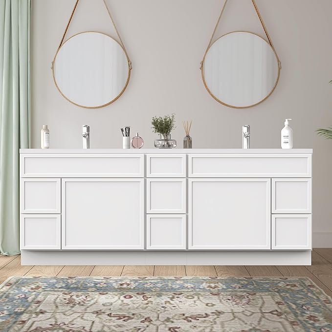 HomeBeyond 84 Inches Bathroom Vanity Base Cabinet Without Sink, Double Sink Top with Door & Soft Closing Drawers, Sturdy Floor Mounted Cabinet 2-Door 7-Drawer, White