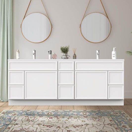 HomeBeyond 84 Inches Bathroom Vanity Base Cabinet Without Sink, Double Sink Top with Door & Soft Closing Drawers, Sturdy Floor Mounted Cabinet 2-Door 7-Drawer, White