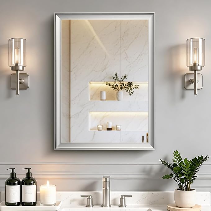 Brushed Nickel Bathroom Mirrors for Over Sink 22x30 Inch | Silver Rectangle Vanity Mirror, Wall Decor for Bedroom, Entryway, Living Room, Aluminum Framed, Curved Wide Edge, Anti-Rust