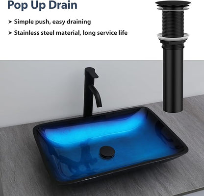 Logmey 22" Glass Bathroom Vessel Sink Vanity Countertop Rectangular Bowl with Black Pop up Drain Set,Glass Art Basin,Blue