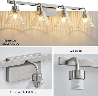 Brushed Nickel Bathroom Lighting Fixtures 4-Light Vanity Light Modern Bathroom Lights over Mirror with Ribbed Glass Shade 34 Inch Bathroom Vanity Lighting Fixtures for Bedroom Living Room Hallway