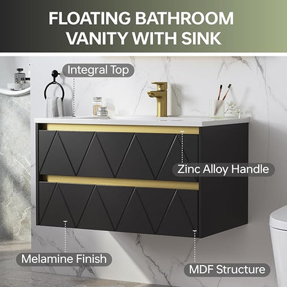 30 Inch Bathroom Vanity with Sink, Wall Mounted Floating Vanity with Modern Stripe Design, Floating Vanity Bathroom with U-Shaped Drawer, 30 Inch Vanity with Sink, Hidden Handle, Black