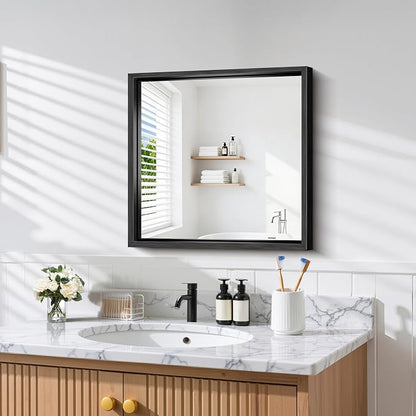 CIRCUMI 24"x24" Brushed Black Bathroom Mirror, Square Mirror for Vanity | Chunky Box Metal Frame, Shatterproof, Tempered Glass, Bathroom Remodel&New Home,Wall Mirror for Over Sink,Living Room,Hallway