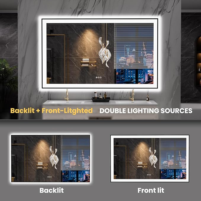 LOAAO 60"X36" LED Bathroom Mirror Black Framed | Anti-Fog, Dimmable, Memory Function, Tempered Glass, Lighted Vanity Mirror for Wall