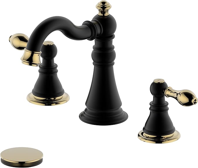 Two Handle Bathroom Sink Faucet 3 Hole 8 Inch Widespread with Pop up Drain,High Arc Lavatory Faucet,Matte Black with Polished Brass Trim Finished,F-8805-MG
