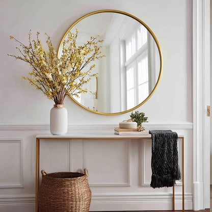 Gold Round Mirror 40 inch, Gold Bathroom Mirror,Brushed Metal Frame | Brushed Gold Metal Frame, High Definition, Rust-resistant, Easy installation, Restroom, Cloakroom, Guest Room, Hallway
