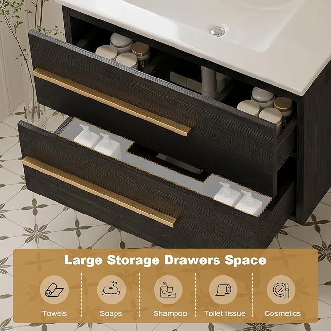 72 Inch Floating Double Sink Bathroom Vanity, Modern Bathroom Vanity with Sink & Large Storage Drawers, Wall Mounted Bathroom Sink Cabinet, Black&White