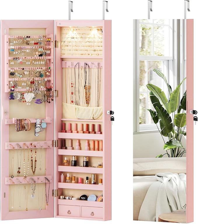 Moccha Wall Door Jewelry Armoire, 47.5" H Full Length Mirrored Jewelry Cabinet with 2 LED Lights and 2 Drawers, Lockable Jewelry Cabinet, Jewelry Organizer Storage for Bedroom (Light Pink)