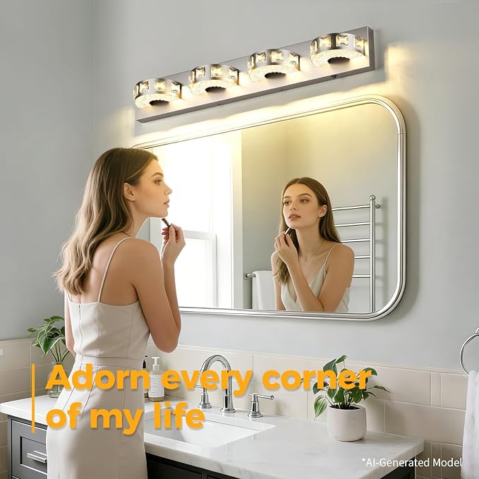 Modern Bathroom Vanity Lights 29.1 inch 32W 5 Color Temperature Brushed Nickel (4-Light,Dimmable) Crystal Bathroom Light Fixtures for Bathroom Mirror Restroom-ETL Certificated