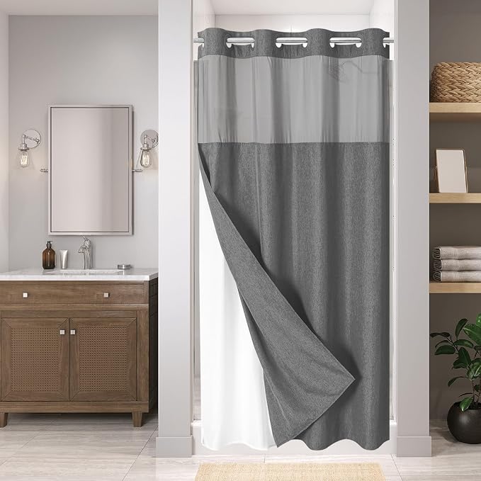 eachope No Hook Fabric Shower Curtain with Snap-in Liner,54x80Charcoal Grey | Linen Texture,230GSM Thick Fabric,Hotel Luxury Decor,Mesh Window,Waterproof & Machine Washable,for Shower Stall or Bathroom