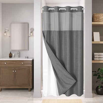 eachope No Hook Fabric Shower Curtain with Snap-in Liner,54x80Charcoal Grey | Linen Texture,230GSM Thick Fabric,Hotel Luxury Decor,Mesh Window,Waterproof & Machine Washable,for Shower Stall or Bathroom