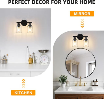 Bathroom Light Fixtures Over Mirror, 2 Lights Vanity Lights with Clear Glass Shade, 12.1" Matte Black Farmhouse Bathroom Wall Light Fixtures for Bedroom, Porch, Hotel, Mirror Cabinet