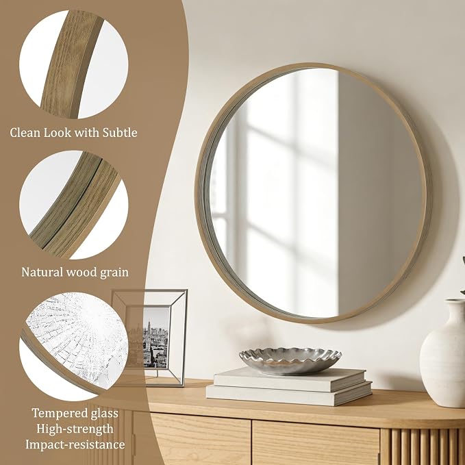Round Wood Mirror 28" Circle Wall Mirror for Bathroom Round Wall Mirror for Wall Decor, Vanity, Entryway Living Room, Honey