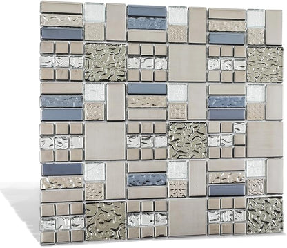 Glass Mosaic Tile Backsplash Grey and Silver 12 x 12 Inch 5 sq.ft. | Glass Tile for Kitchen Backsplash Bathroom Wall 5-Pack