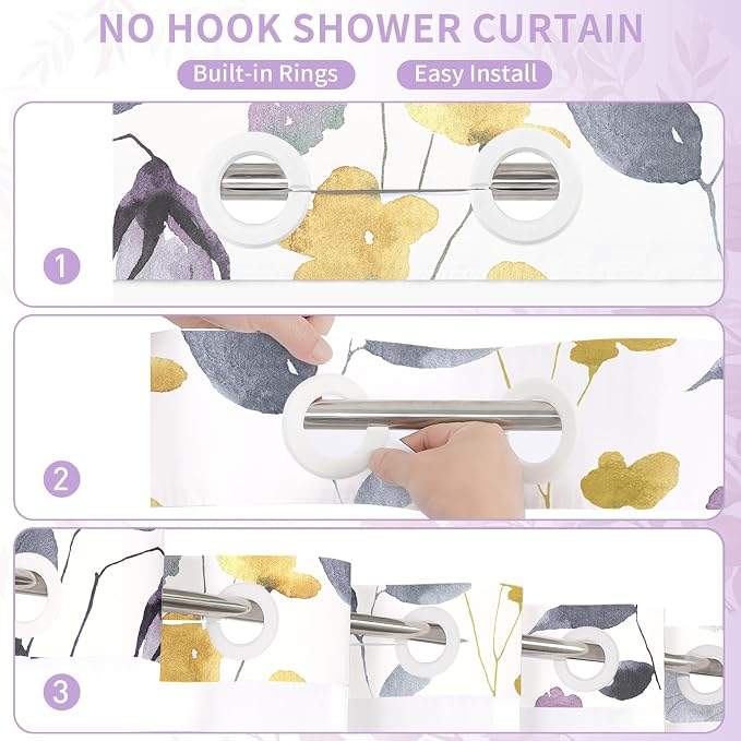 No Hook Purple Watercolor Floral Shower Curtain and Liner Set, 72x74 | Spring Flower Shower Curtains with Snap-in Liner for Farmhouse Bathroom Decor, Botanical Bathroom Curtain with Leaves
