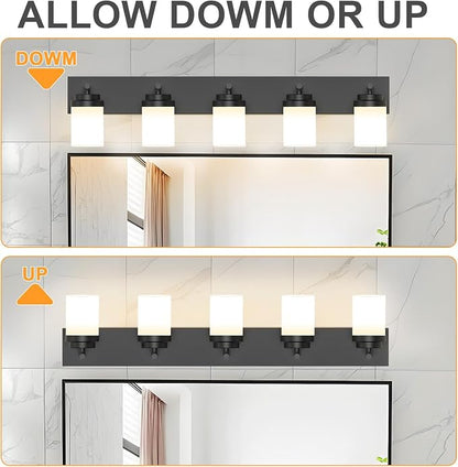 IZORRO Bathroom Vanity Light Fixture, 5-Light 36 Inch Matte Black Bathroom Light Fixtures Over Mirror, with White Glass Shade, Modern Farmhouse Vanity Lights, Rustic Restroom Lighting Fixtures