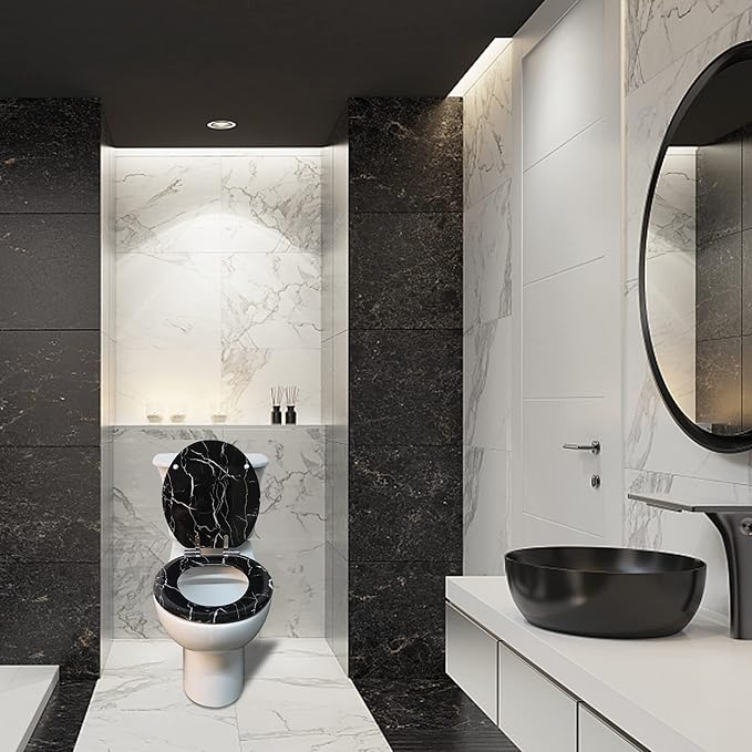 Angel Shield Marble Toilet Seat Durable Molded Wood with Quiet Close,Easy Clean，Quick-Release Hinges (Elongated,Black Marble)