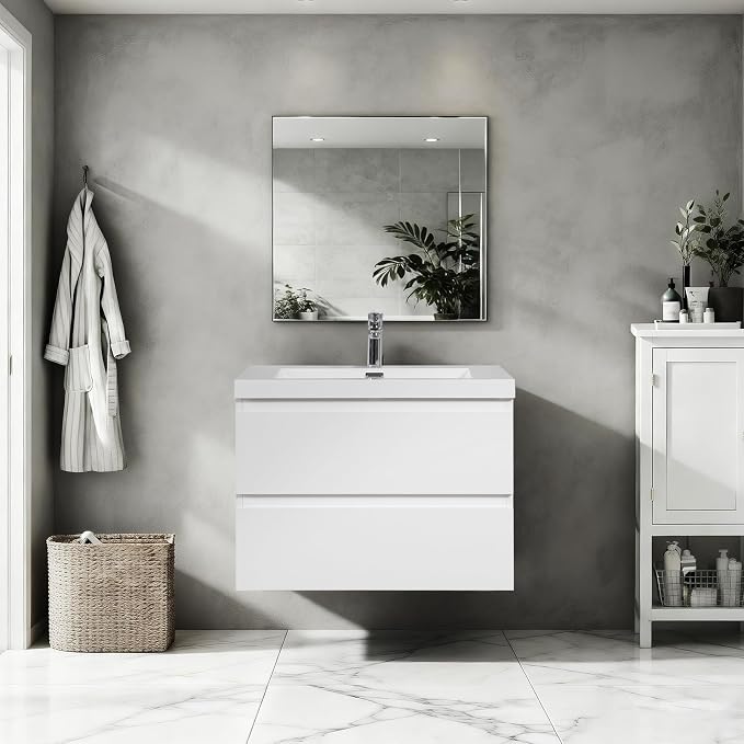 30" Floating Bathroom Vanity Sink,Glossy White | Bathroom Storage CabinetWall Mounted Cabinet, Solid Surface Countertop, Soft Close Drawers, Fully Assembled